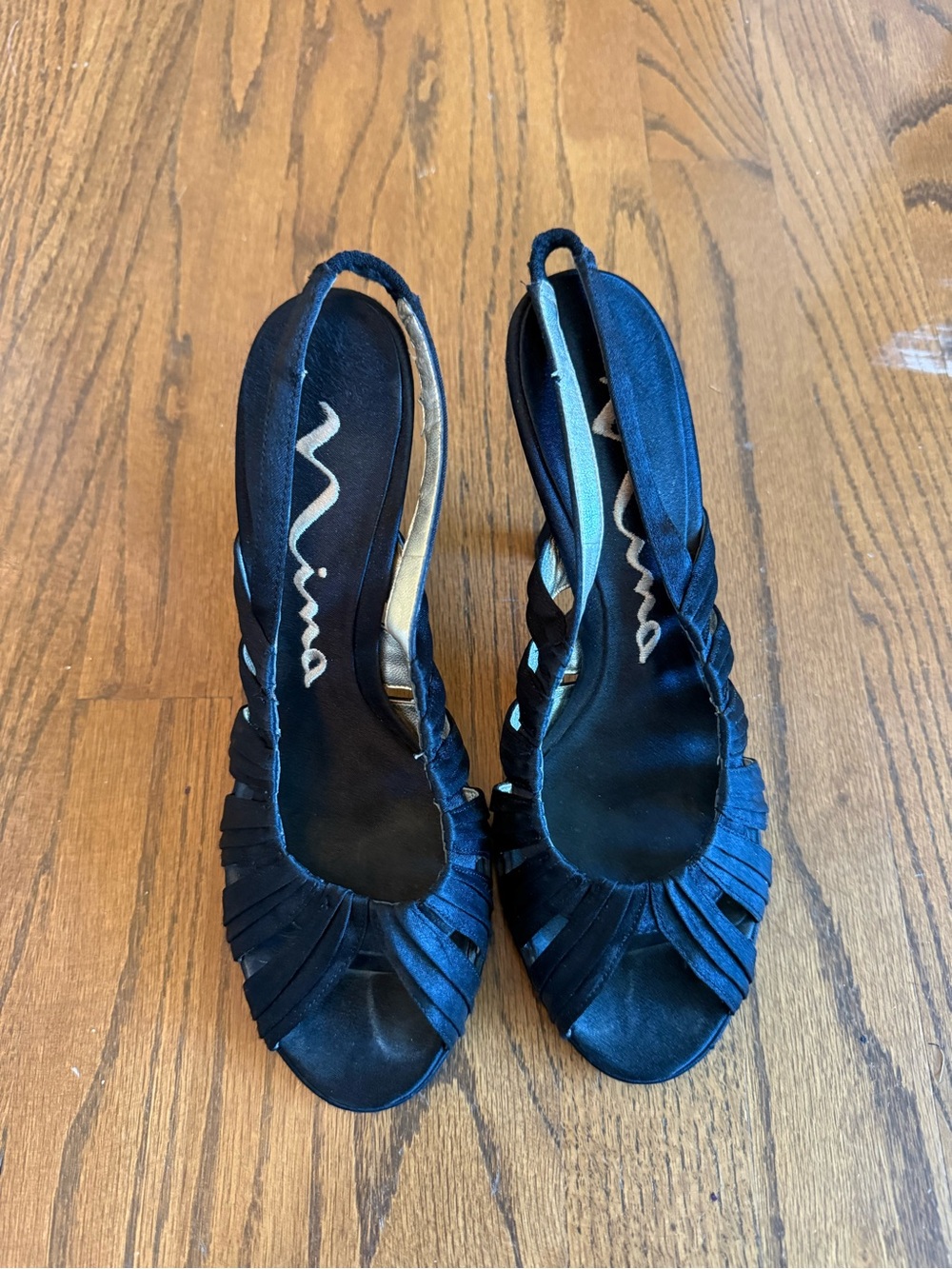 Nina Black Satin Slingback Heels Size 8